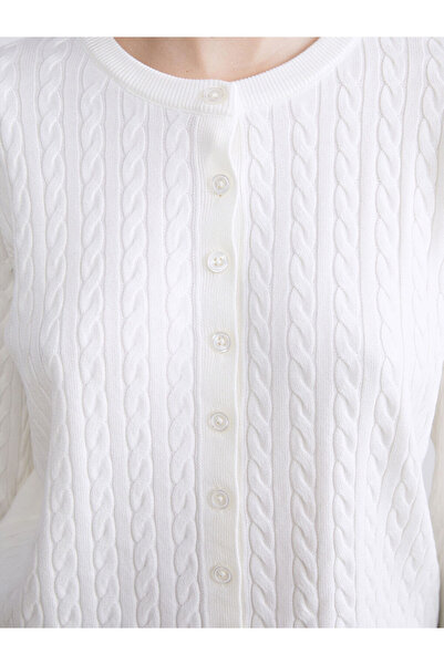 LC Waikiki Ecru Crew Neck Self Patterned Women's Knitwear Cardigan