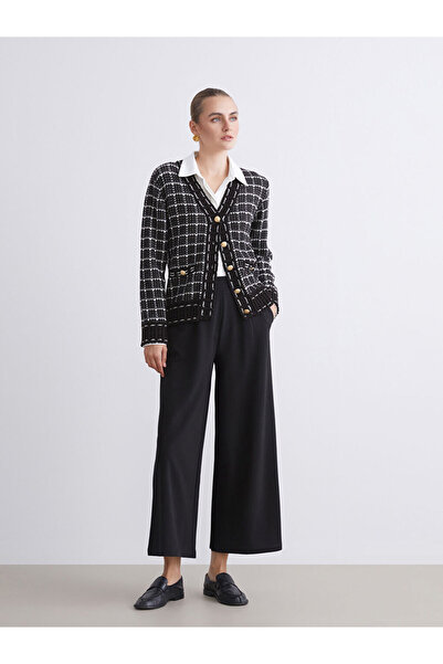 LC Waikiki Black V-Neck Plaid Women's Cardigan