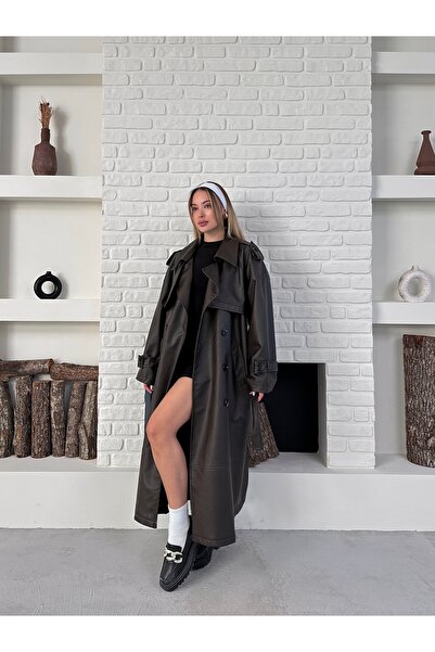 Ekim Store Yeni Sezon Kruvaze Kemerli Oversize Uzun Deri Trençkot