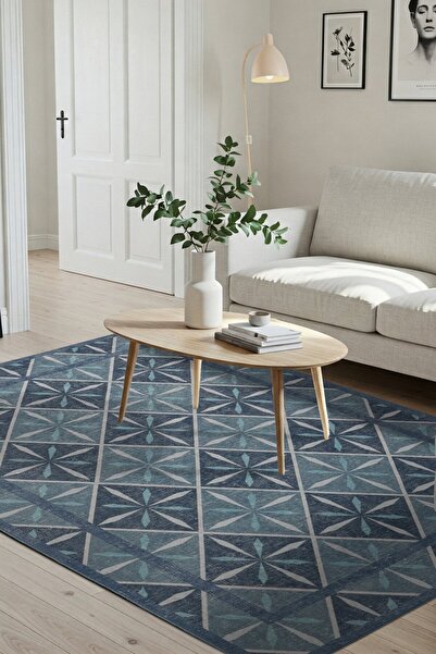 ARTLOOP Nora Mavi Geometrik Desenli Dokuma Tabanlı Modern Şönil Halı AL 500