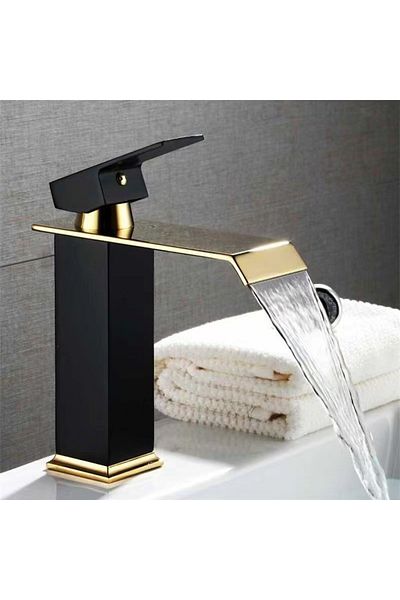 OEM Bathroom Sink Faucet, Waterfall, Gold Finish, Sink Mount, Modern Design, MZ-6006, Black