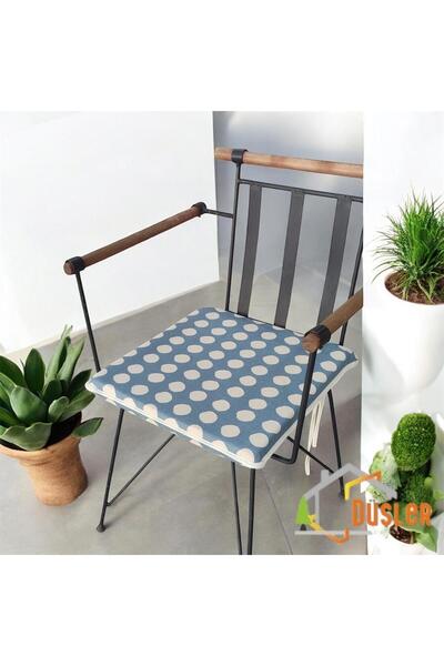 DÜŞLER EV TEKSTİLİ 40X40 Cream Polka Dot Blue Water and Stain Repellent Zippered Lace Cream Piping Chair Cushion 4 cm