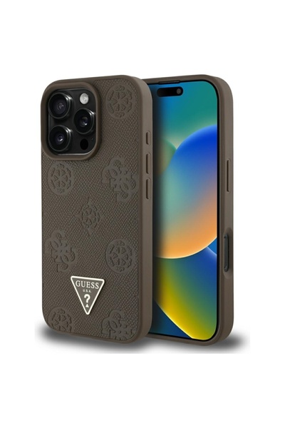 Guess Case for iPhone 16 Pro Max - Peony Grained Hot Stamp Triangle MagSafe (GUHMP16XPGBTMW) - Brown