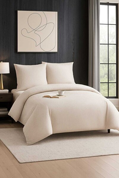 Loova Nevresim takımı çift kişilik çizgili 'yorgan kılıfı+lastıklıçarşaf+2 ya...