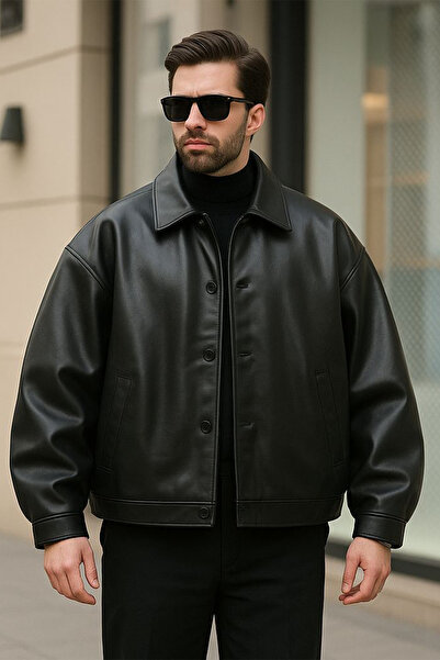 MANMARK Yeni Sezon Düğmeli Oversize Erkek Deri Ceket