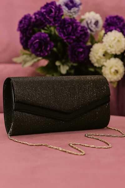 Genel Markalar Siyah Biyeli Simli Zarf Model Kadın Omuz Çantası