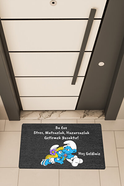 Dormot Yüksek Kaliteli Dijital Baskı Siyah, Şirine, Stres Getirmek Yasaktır Temalı Kapı Önü Paspası