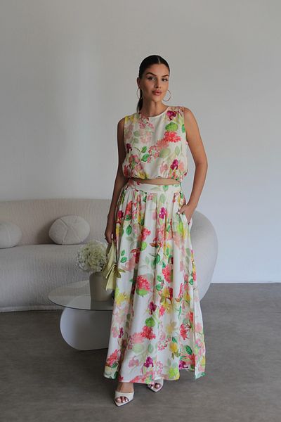 Julidress Patterned Tie-Up Crop Blouse and Maxi Long Lined Skirt Premium Linen Set