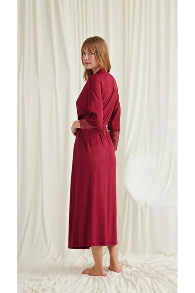 NightLove Monamise Women's Red Full Length Design Lace and Belted Cotton Dressing Gown