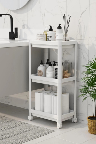 Toptan Bulurum 3-Tier Bathroom Shelf Unit (Peggy) White Bathroom Organizer Shampoo Holder Towel Holder Cabinet (White)