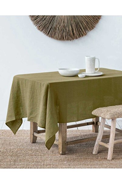 HOME ART ATELIER hand made Zeytin Yeşili Keten Masa Örtüsü