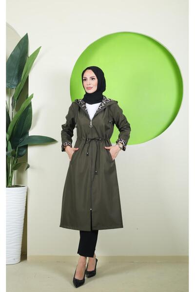 Vibeys Moda Large Size Women's Trench Coat with Leopard Pattern Inside and Self-Lining