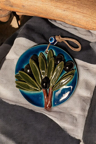 Revard Home Nazar Boncuklu Doğal Zeytin Ağaçlı Seramik El Yapımı Dekoratif Duvar Süsü Eşyası 14X14 CM