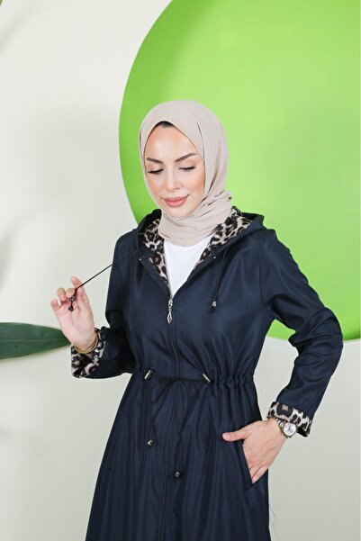 Vibeys Moda Large Size Women's Trench Coat with Leopard Pattern Inside and Self-Lining