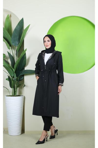 Vibeys Moda Large Size Women's Trench Coat with Leopard Pattern Inside and Self-Lining