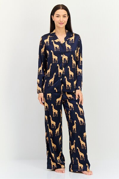 Bebe Women 2 Pieces Animal Print Long Sleeves Nightwear Set, Multicolor