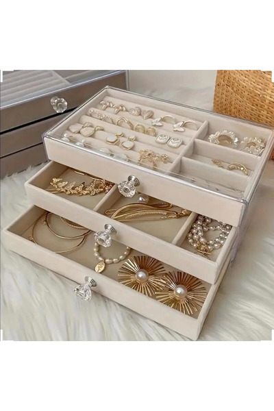 Toptan Bulurum 3 Drawers Compartment Faf Jewelry Box |   Jewelry Storage Box Cream Color Option