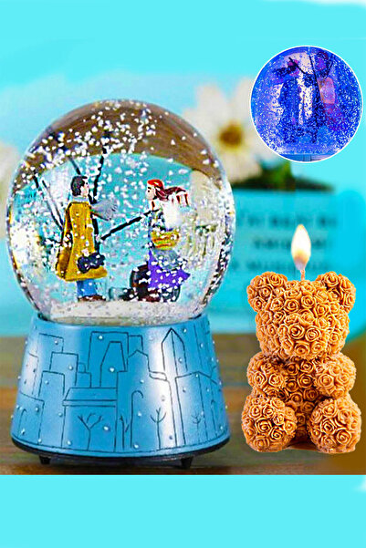 zozoya Kış Masalı Işıklı Müzikli Kar Küresi & Gül Desenli Ayıcık Mum Hediye Seti