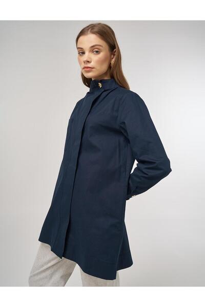 Kayra Shiny Buttoned Cotton Tunic Dark Navy Blue