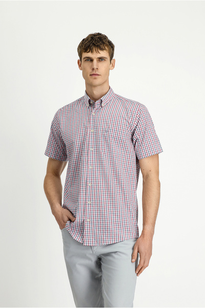 Kiğılı Short Sleeve Regular Fit Plaid Button Collar Easy-Iron Cotton Shirt