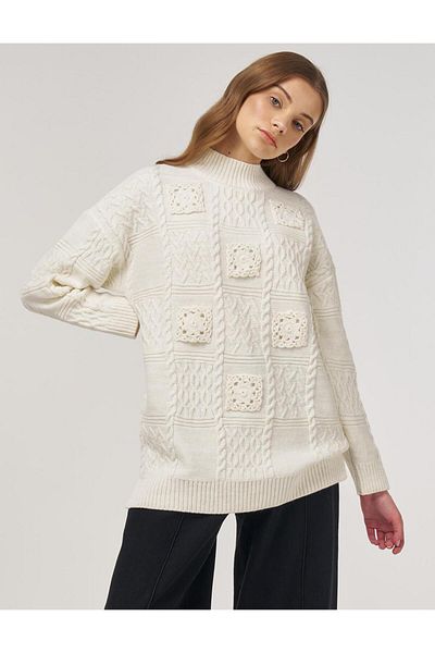 Kayra Crochet Garnished Knitwear Tunic Ecru