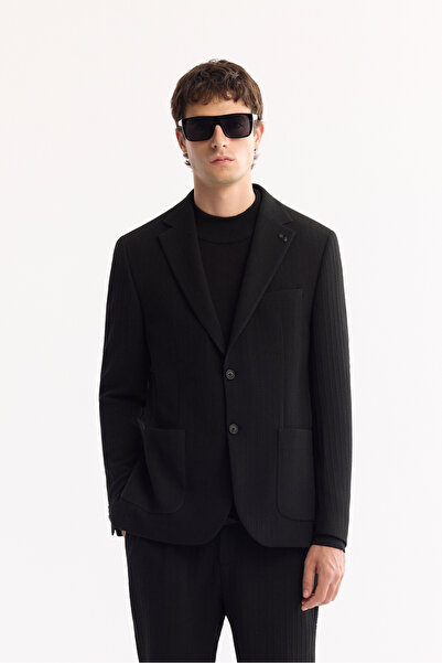 Avva Men's Black Mono Collar Double Slit Unlined Pocket Pocket Diagonal Textu...