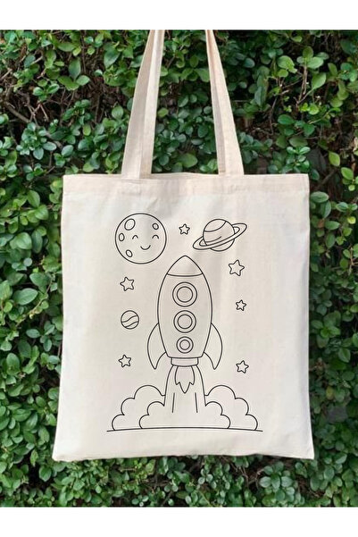 Cemira Roket Erkek Çocuk Boyama Çantası Hobi 35*40 Cm Ham Bez Çanta Boyama Anaokulu Çocuk Etkinlik Boyama