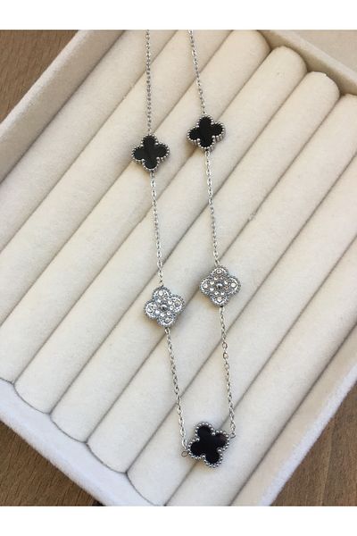 GUNESTAKI Silver Black Stone Clover Steel Necklace