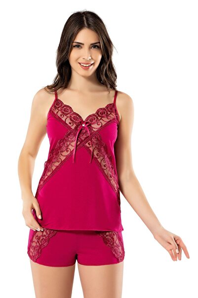 Bonnie Clyde Women's Lace Detailed Shorts Nightdress Set Cherry - Light Red - Bcp1.Koctaq63E39-Vis