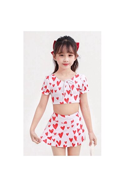 Mixbo Costum de Baie Mixbo, Doua Piese, Fusta-Pantalon si Tricou, Red Hearts, 9-10 ani