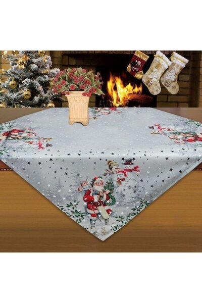 OEM Christmas Tablecloth, Shiny Gray, Santa Claus, Snowman, Silver Stars, 80 x 80 cm