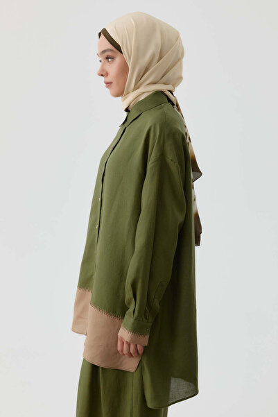 Tuğba Nakış Detaylı Kombinli Kısa Tunik - Haki
