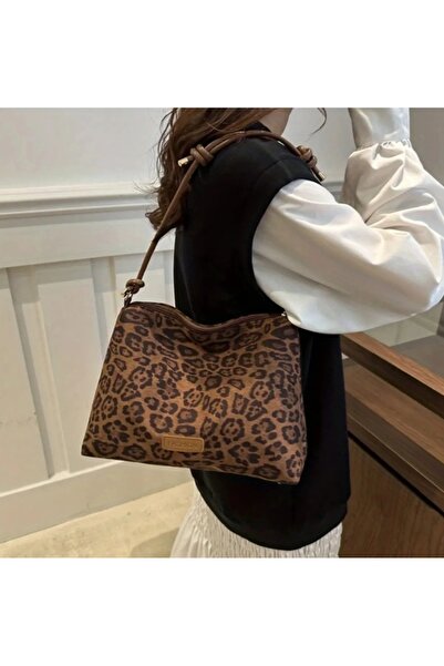 ÇANTA VİP kahverengi leopar desen büyük boy vintage omuz çantası