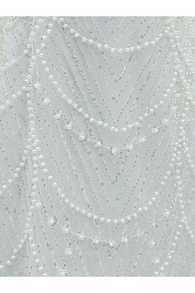 Modamorfo Βραδινό φόρεμα σιφόν με λεπτομέρεια με χάντρες και παγιέτες - Λευκό