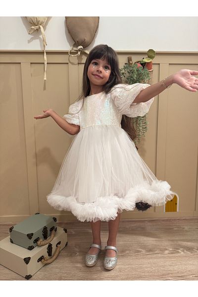 penu baby kids White Sequin Detailed Hemline Ruffled Girl's Baby Girl's Evening Dress