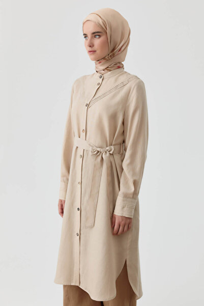 Tuğba Nervür Detaylı Yırtmaçlı Tunik - Bej