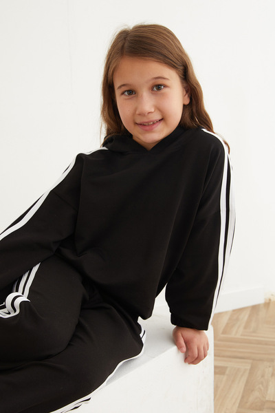 Fulla Moda Girls' Hooded Suit with Side Stripes and Elastic Waist