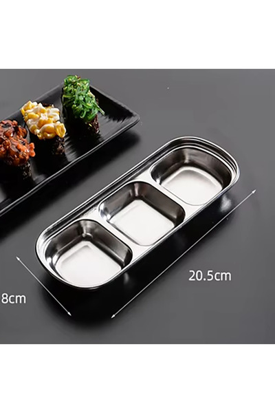Choice Silver3-compartment Stainless Steel Divided Condiment Tray - BBQ Sauce Plate for Dipping, Seasoning,