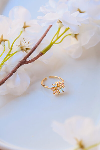 AURRARİ Gold Renkli Renkli Taşlı Yonca Çelik Yüzük