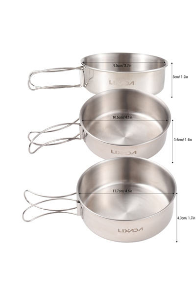 Choice 1set 3pcs Stainless Steel Combination Cookware Set Camping Kitchenware Pan Pot with Folding Handle