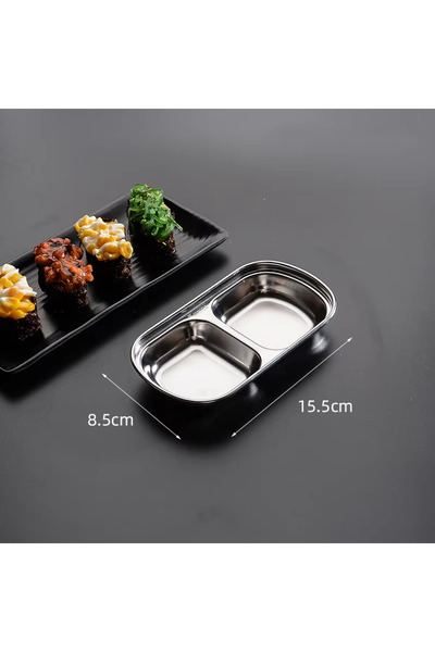 Choice Silver 2-compartment Stainless Steel Divided Condiment Tray - BBQ Sauce Plate for Dipping, Seasoning
