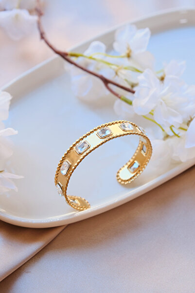 AURRARİ Gold Vintage Baget Zirkon Taşlı Çelik Kelepçe Bileklik