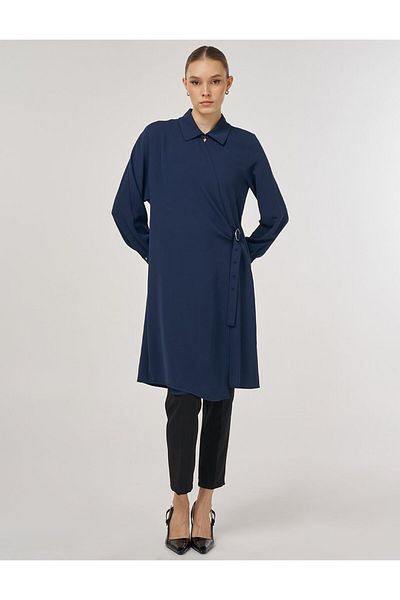 Kayra Metal Buckle Long Tunic Dark Navy Blue