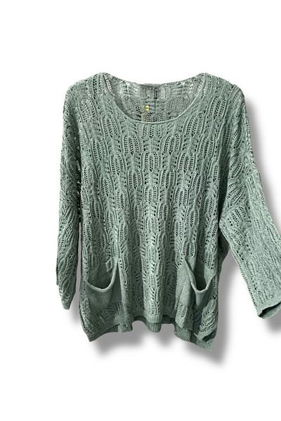 SUMEF Women's Mercerized Perforated Knitwear Blouse with Pockets Casual Model 38-52 Size Compatible