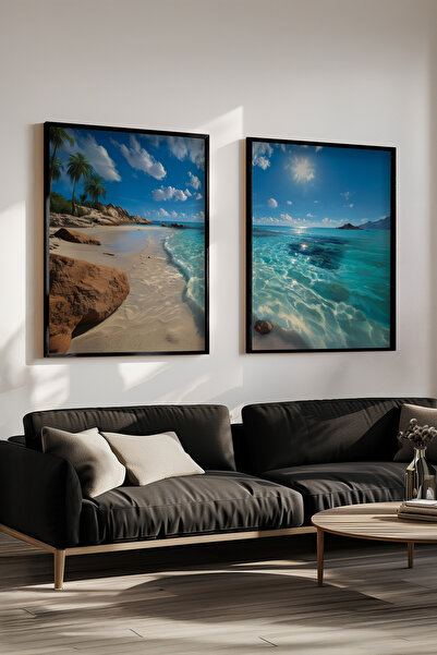 STARYUNA Set de pictură dublă cu cadru din lemn negru, cu vedere la insulă tr...