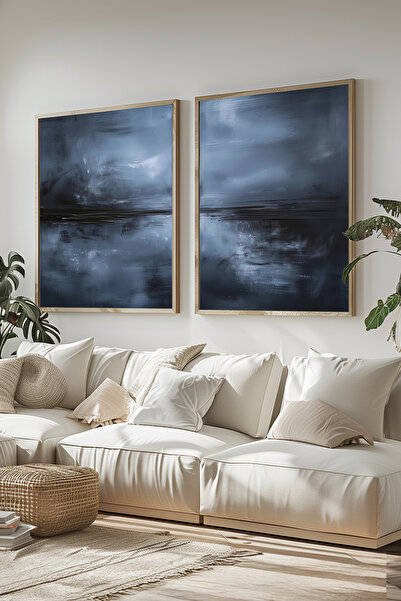 STARYUNA Set de pictură cu efect de pictură în ulei modernă abstractă, în tonuri duble de albastru închis, cu cadru din lemn Yuna342