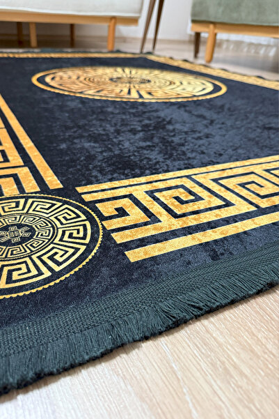 Charmbi Gold Greek Desenli Siyah Saçaklı Makinede Yıkanabilir Salon Halısı Yatak Odası Halısı & Yolluk