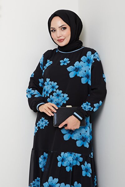 Hb Harma Time Butik Γυναικείο φόρεμα με μοτίβο λουλουδιών μπλε σιφόν