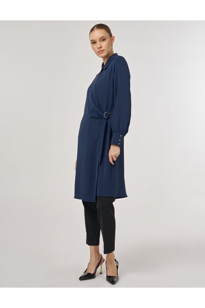 Kayra Metal Buckle Long Tunic Dark Navy Blue