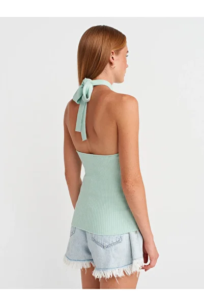 Dilvin 10798 Halter Tie Collar Ribbed Knitwear Blouse-Mint